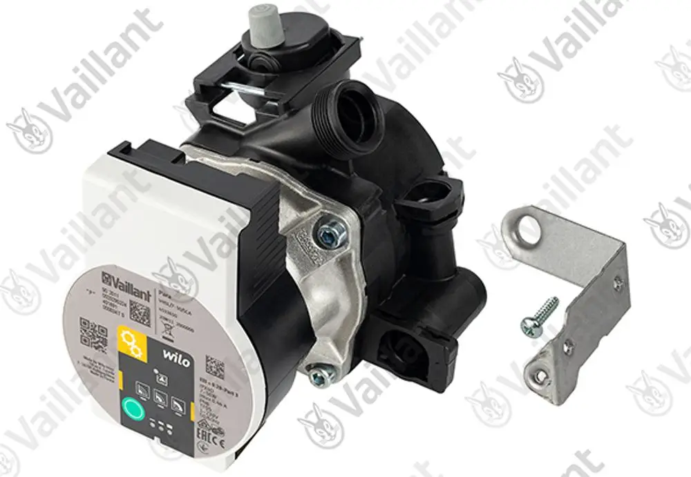 Vaillant Pumpe mit motorisiertem Antrieb, kompaktem Design und mehreren Anschlussmöglichkeiten, montiert auf einer Halterung, bereit für den Einsatz in Heizsystemen.